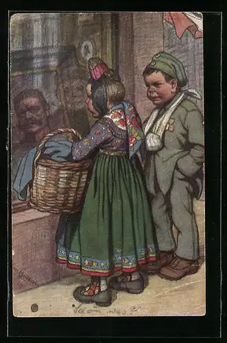 Künstler-AK Emil Beithan: Mädchen im Trachtenkleid vor einem Schaufenster