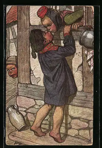 Künstler-AK Emil Beithan: Pärchen in Trachten am Fenster mit einem Kuss