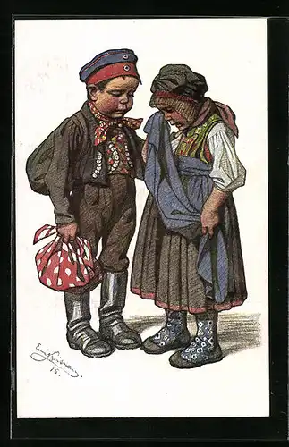 Künstler-AK Emil Beithan: Kinder in Trachten bei einem wehmütigen Abschied