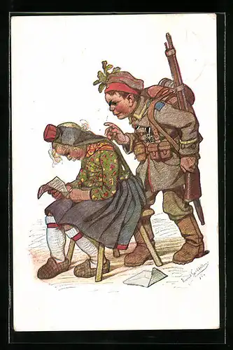 Künstler-AK Emil Beithan: Mädchen in Tracht mit Soldat und Eisernem Kreuz
