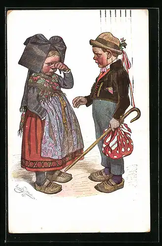 Künstler-AK Emil Beithan: Junges Paar in Trachten, Mädchen voller Trauer