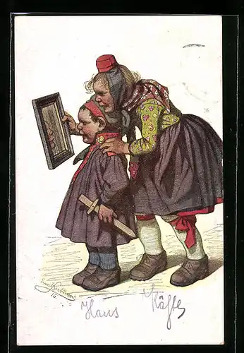 Künstler-AK Emil Beithan: Mädchen in Tracht hält Jungen den Spiegel vor