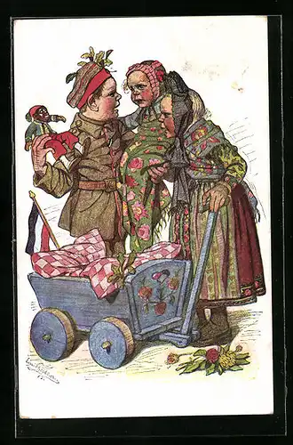 Künstler-AK Emil Beithan: Mädchen in Trachten und Kinderwagen mit Jungen in Soldatenuniform