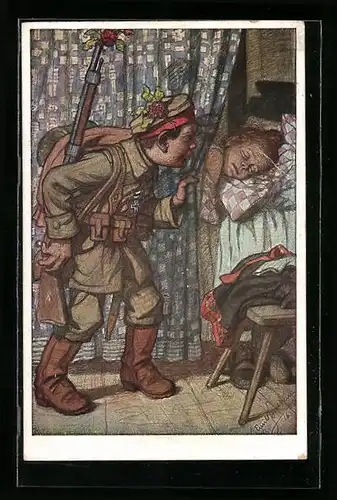 Künstler-AK Emil Beithan: Junger Soldat in Uniform schaut hinter den Vorhang am Bett der schlafenden Dame