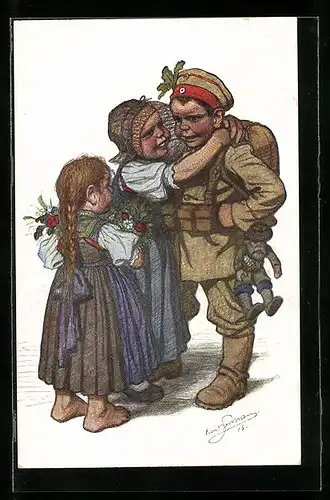 Künstler-AK Emil Beithan: Junger Soldat mit Mädchen in Volkstrachten