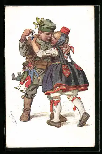 Künstler-AK Emil Beithan: Junge als Soldat in Uniform mit Eisernem Kreuz, Mädchen in Volkstracht umarmt ihn