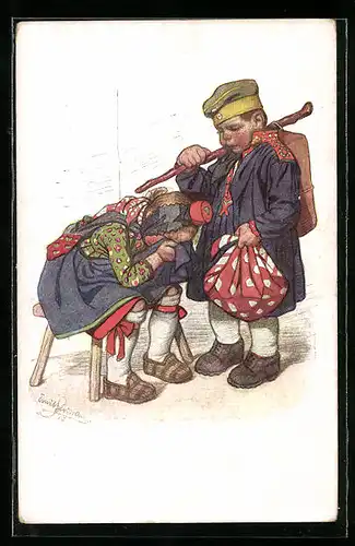 Künstler-AK Emil Beithan: Kinder in Volkstrachten zu einer Abschiedsszene