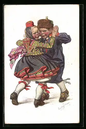 Künstler-AK Emil Beithan: Junges Pärchen in Volkstrachten beim Tanz