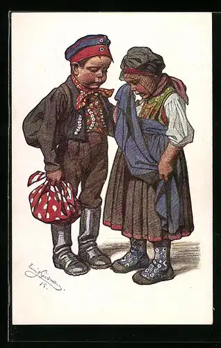 Künstler-AK Emil Beithan: Kinder in Trachten in trauriger Stimmung