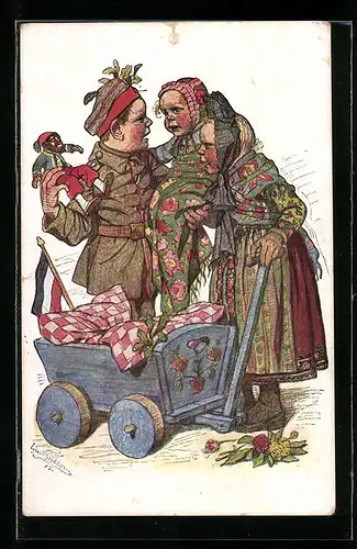 Künstler-AK Emil Beithan: Junge in Uniform mit Mädchen in Trachten mit einem Puppenwagen