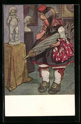 Künstler-AK Emil Beithan: Mädchen in Volkstracht betrachtet Büsten