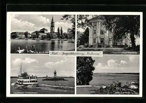 AK Kiel, Jugendherberge Bellevue, Partie am kl. Kiel, Leuchtturm Friedrichsort, Blick a. d. Förde