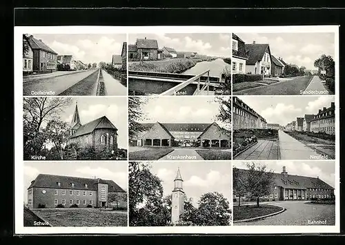 AK Sande i. Oldbg., Dorfstrasse, Kanal, Kirche, Schule und Krankenhaus