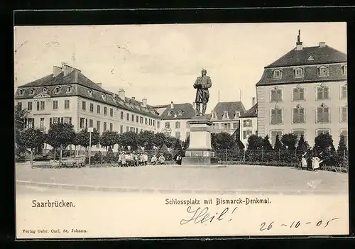 AK Saarbrücken, Schlossplatz mit dem Bismarck-Denkmal