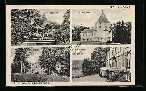 AK Sachsenwald, am Schloss, Hirschgruppe, Mausoleum, historischer Balkon am Schloss