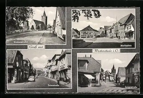 AK Westerstede i. O., auf dem Marktplatz, in der Kirchenstrasse, in der Peterstrasse, Blick in die Langestrasse