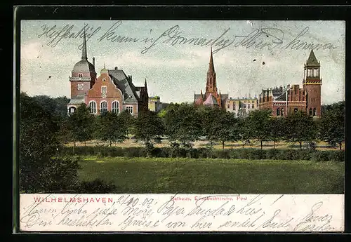AK Wilhelmshaven, Grünanlagen vor dem Rathaus, der Elisabethkirche und der Post