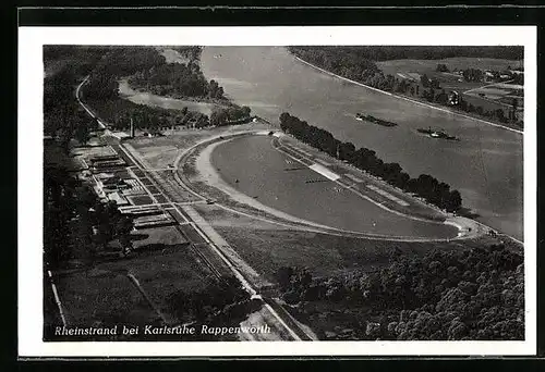 AK Karlsruhe Rappenwörth, Blick auf den Rheinstrand, Fliegeraufnahme