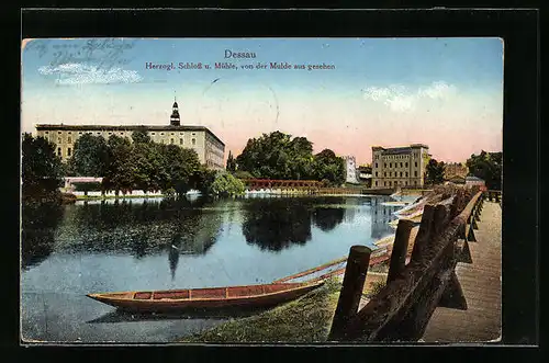 AK Dessau, das Herzogliche Schloss und Mühle, Ansicht vom Muldeufer aus