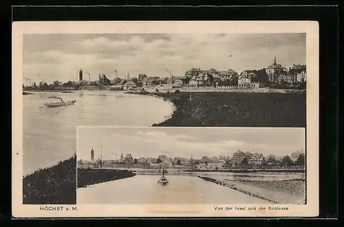 AK Frankfurt-Höchst, Stadtpanorama von der Insel und der Schleuse aus