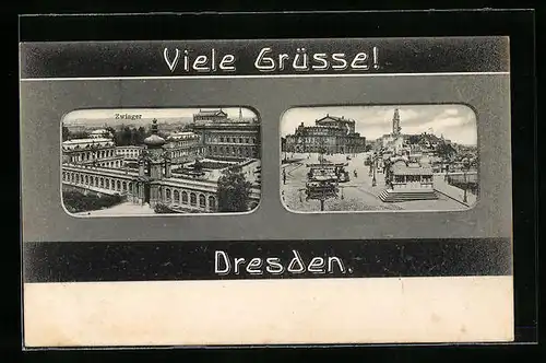 AK Dresden, Blick auf den Zwinger, Platzpartie mit Strassenbahn