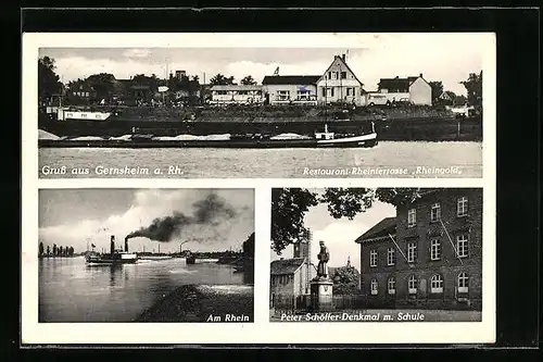 AK Gernsheim a. Rhein, Restaurant Rheinterrasse Rheingold, Peter Schöffer Denkmal mit Schule, am Rheinufer