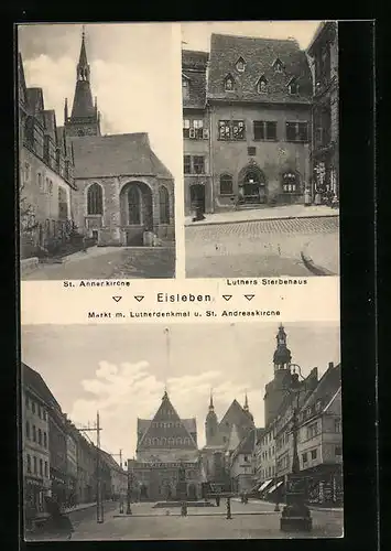 AK Eisleben, St. Annenkirche, Luthers Sterbehaus, Markt mit Lutherdenkmal