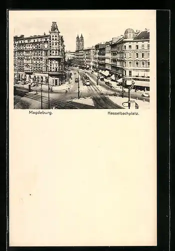 AK Magdeburg, Strassenbahn auf dem Hasselbachplatz