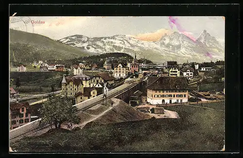 AK Goldau, an der Bahnstrecke in die Stadt, Blick auf die Berge