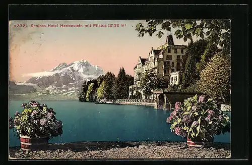 AK Hertenstein, das Schloss-Hotel mit Blick zum Pilatus