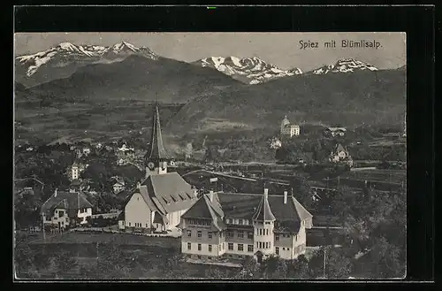 AK Spiez, Blick auf die Kirche und ins Tal mit der Blümlisalp