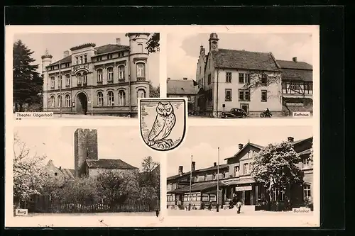 AK Oebisfelde, Theater (Jägerhof), Rathaus, Burg, Bahnhof