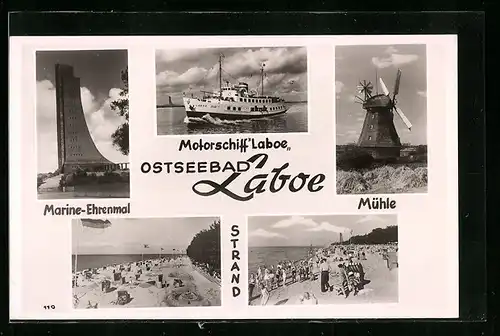 AK Ostseebad Laboe, Strandleben, Marine-Ehrenmal, Mühle und Motorschiff Laboe