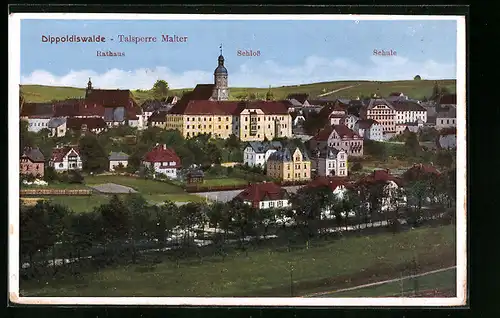 AK Dippoldiswalde-Talsperre Malter, Ortsansicht mit Rathaus, Schloss und Schule