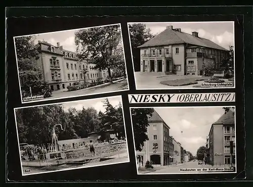 AK Niesky (Oberlausnitz), Krankenhaus, Schauburg-Lichtspiele, Bad, Neubauten an der Karl-Marx-Strasse