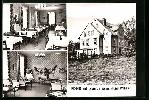 AK Hasselfelde, FDGB-Erholungsheim Karl Marx mit Speiseraum und Klubraum