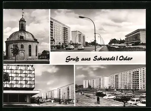 AK Schwedt /Oder, Französische Kapelle und Leninallee in drei Ansichten