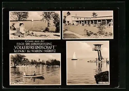 AK Klink /Müritz, FDGB-Urlaubersiedlung Völkerfreundschaft-Am Strand, Kulturgebäude mit Wandelhalle, an der Mole