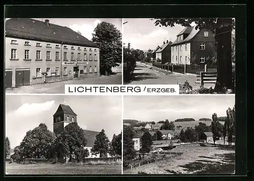 AK Lichtenberg /Erzgeb., Ortsansicht, Kirche, Strassenpartie und Gasthof Zum Lehnstück