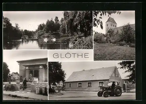 AK Glöthe, Ortsteil Uellnitz, Jägerschacht, Konsum-Verkaufsstelle, Kirche u. Dorfstrasse