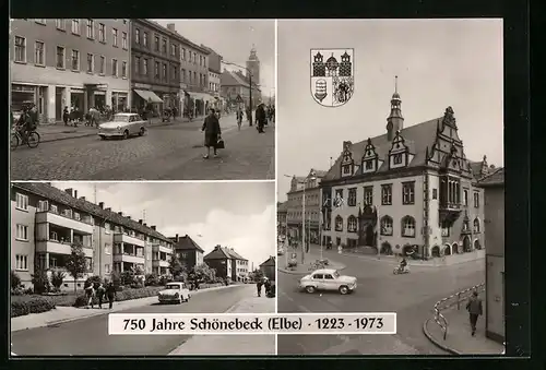 AK Schönebeck (Elbe), 750 Jahre 1223-1973, Salzer Strasse, Krausestrasse, Rathaus
