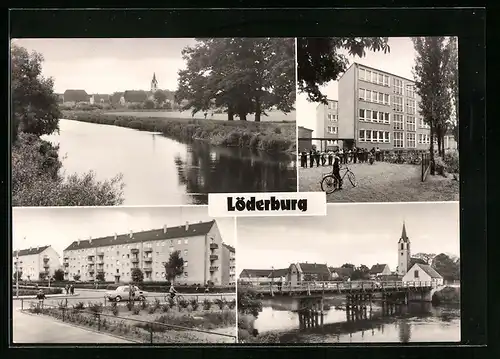 AK Löderburg, Friedensstrasse, Bodebrücke, Willi-Wallstab-Oberschule, Partie an der Bode
