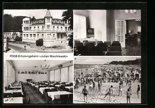 AK Ostseebad Bansin, FDGB-Erholungsheim Julian Marchlewski, Club-u. Fernsehraum, Kultur- u. Speiseraum, Strand