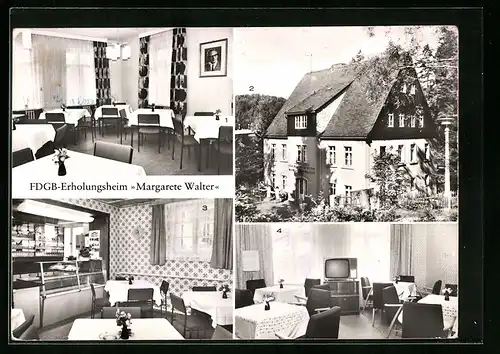 AK Kipsdorf, FDGB-Erholungsheim Margarete Walter, Speiseraum, Aussenansicht, Gaststätte und Klubraum