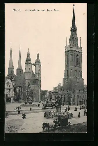 AK Halle /Saale, Marienkirche und Roter Turm, Strassenbahn