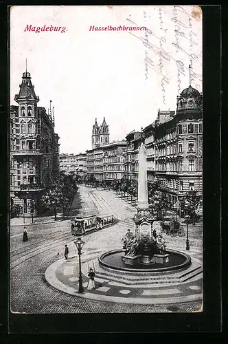 AK Magdeburg, Strassenbahn am Hasselbachbrunnen