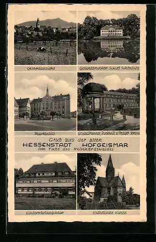 AK Hofgeismar, Gesamtansicht, Gesundbrunnen-Schloss Schönburg, Marktplatz, Kindererholungsheim, Kath. Kirche