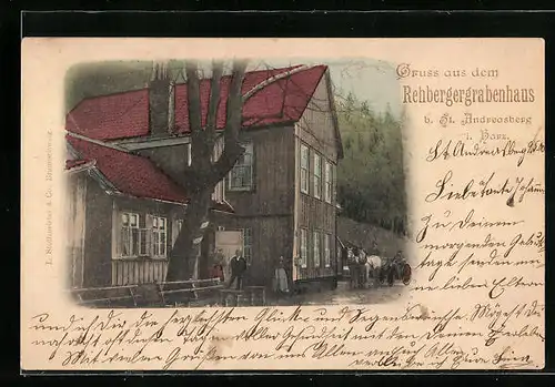 AK St. Andreasberg i. Harz, Gasthaus Rehbergergrabenhaus mit Pferdewagen
