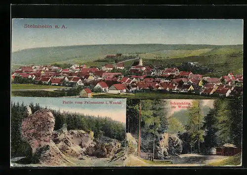 AK Steinheim a. A., Teilansicht, Schutzhütte im Wental, Partie vom Felsenmeer