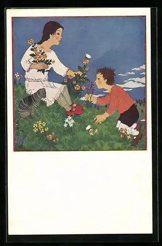 AK Rotes Kreuz, Kinder mit Katze auf einer Blumenwiese